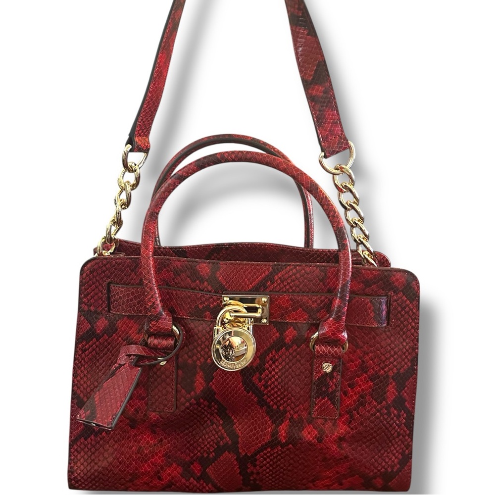 Michael Kors Hamilton Red Snake Print Embossed Handbag Iconic MK‎ Gold Hardware - Picture 15 of 16